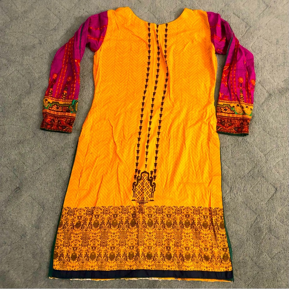 Pakistani Kurta Self-Printed & Embroidered Cotton Size M Yellow/Magenta - Picture 7 of 8